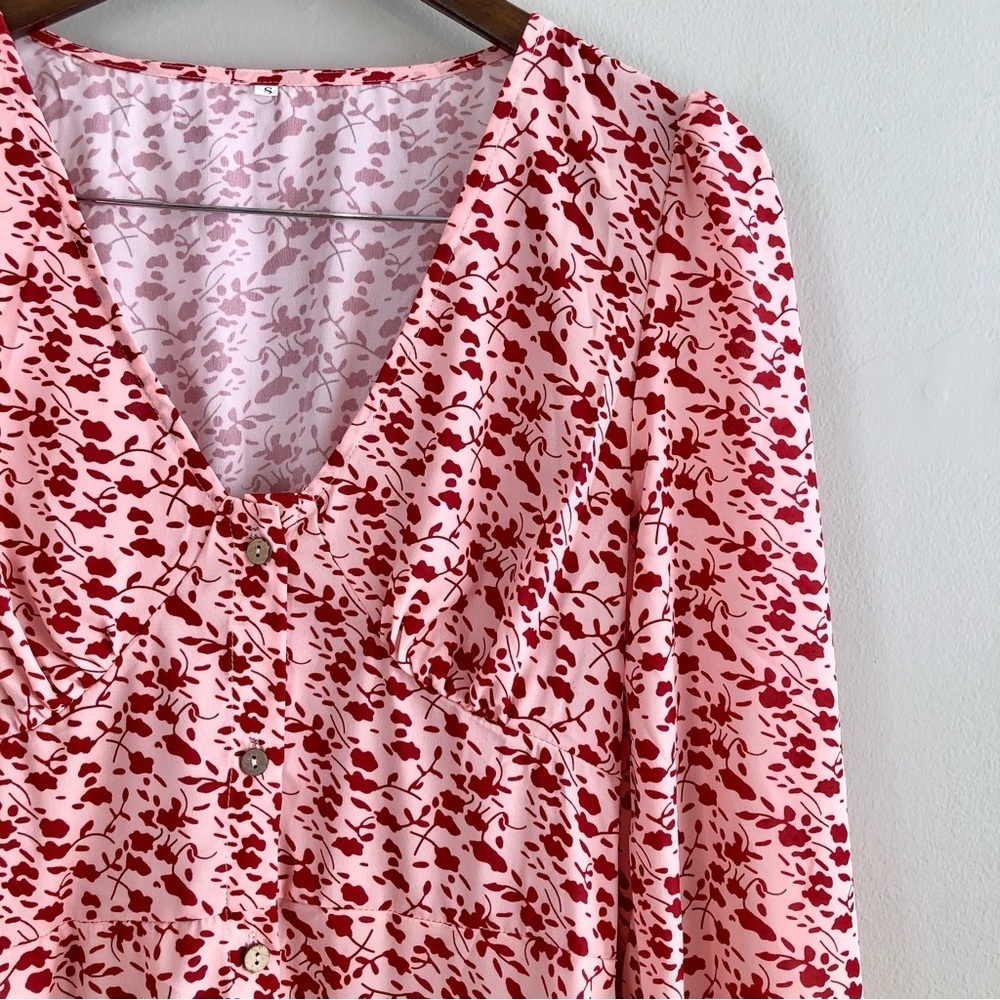 Vintage Floral Button Front Maxi Dress Pink Red Long Sleeve Women’s Small - Picture 5 of 14